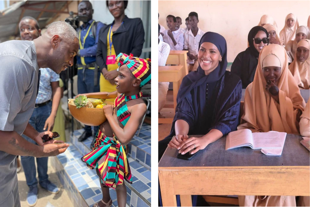 Actor Idris Elba is greeted by a student in Be Rose International Foundation’s school breakfast program.
Model and IFAD Goodwill Ambassador Sabrina Dhowre Elba joins a Somali Hope Academy classroom.