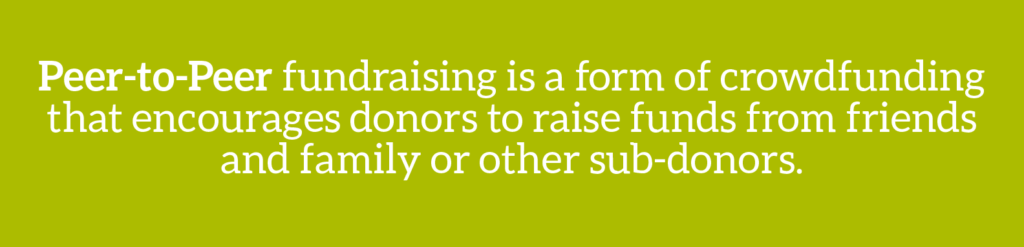 Cause marketing glossary term: Peer-to-peer fundraising is a form of crowdfunding that encourages donors to raise funds from friends and family or other sub-donors.