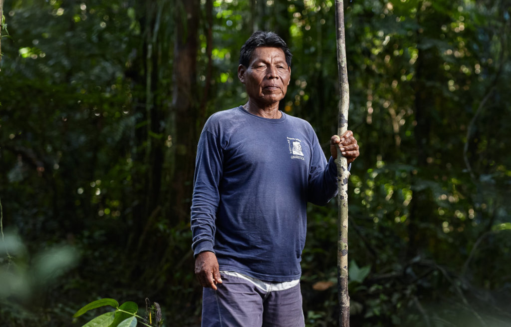 A man in a blue long-sleeve shirt and blue shorts holds a long stick in his left hand. Light is peeking through the trees in the background.