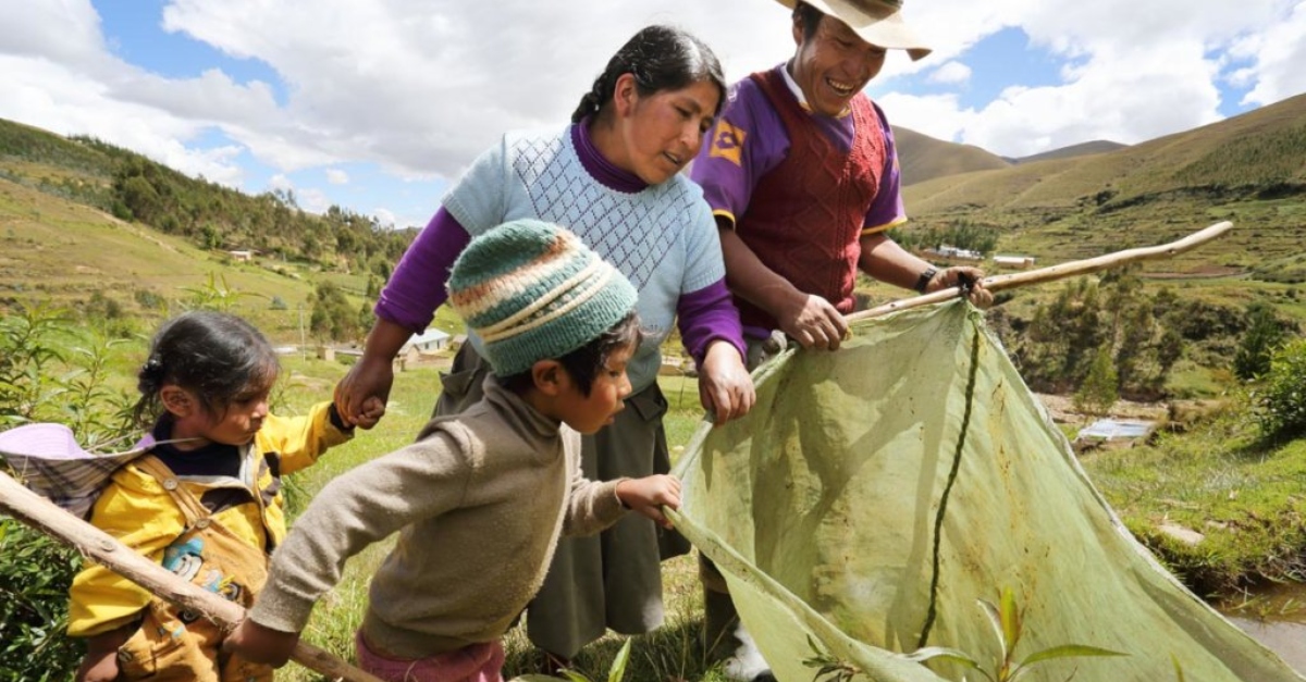 A Peruvian family looks down excitedly into a bag containing trees. Green hills fill the background.