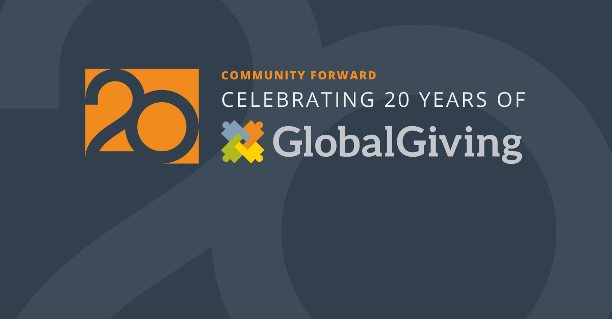 Community Forward in orange text is above the words, "Celebrating 20 Years of GlobalGiving" in white text. A large number 20 is on the dark blue background.