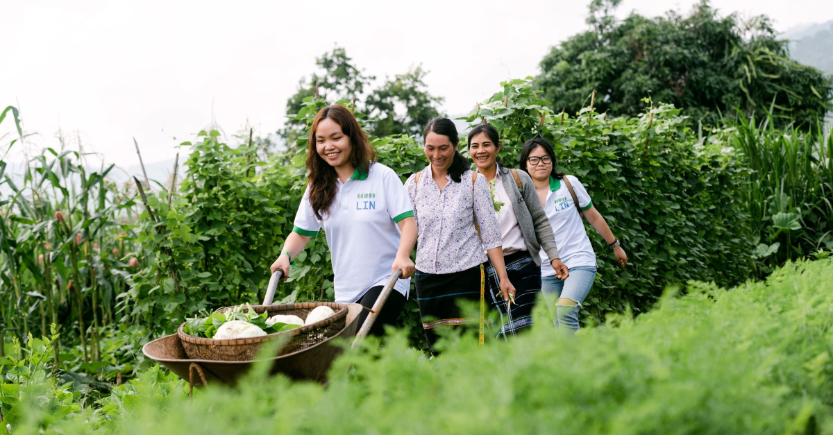 Four women happily walking through cleared path in field, pushing wheelbarrow filled with harvested vegetables. What can a daf do? Can a DAF give to a foreign charity?