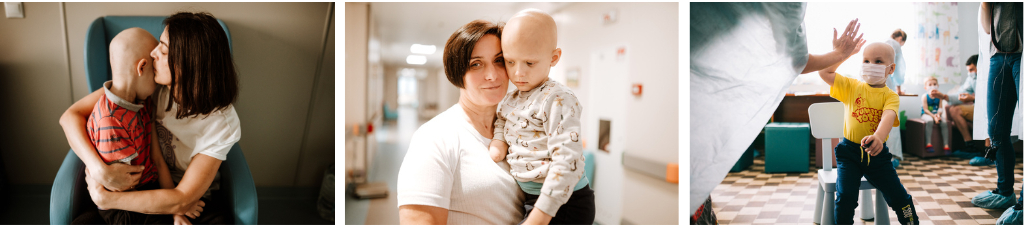 three pictures of young cancer patients undergoing treatment