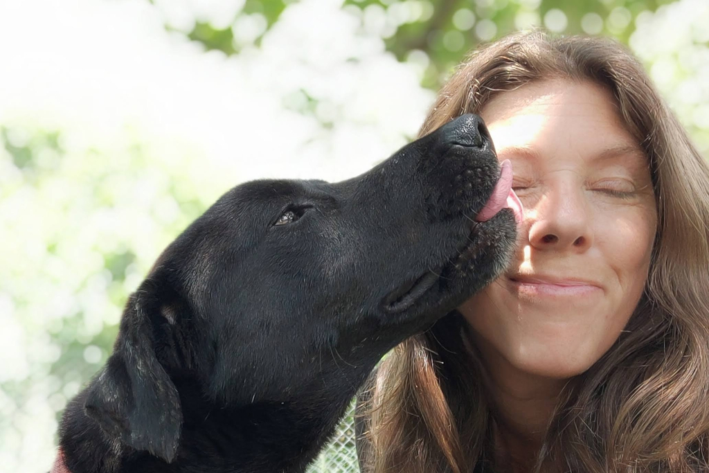 Black lab dog licks a woman's face as she smiles with closed eyes - photos of 2022