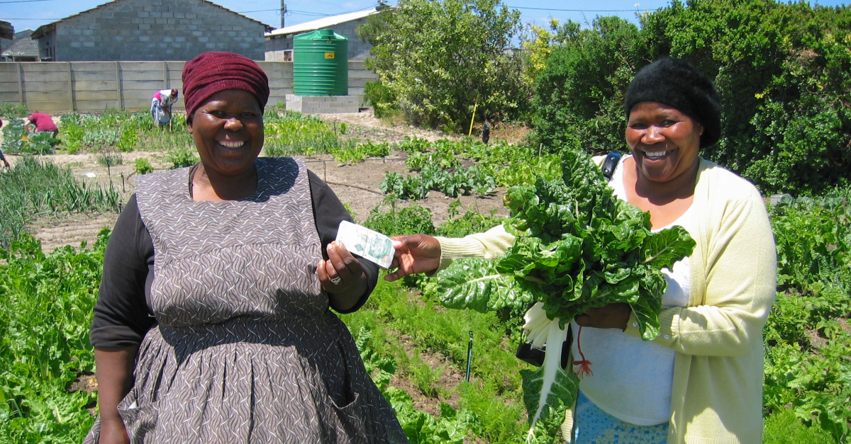 a women is purchasing produce from a gardener, they both smile at the camera. celebrate kwanzaa