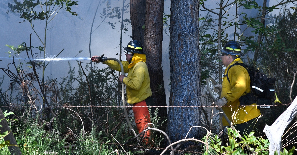 Two firefighters in yellow jackets battle the Hawaii wildfires with hoses. Smoke and trees surround them.