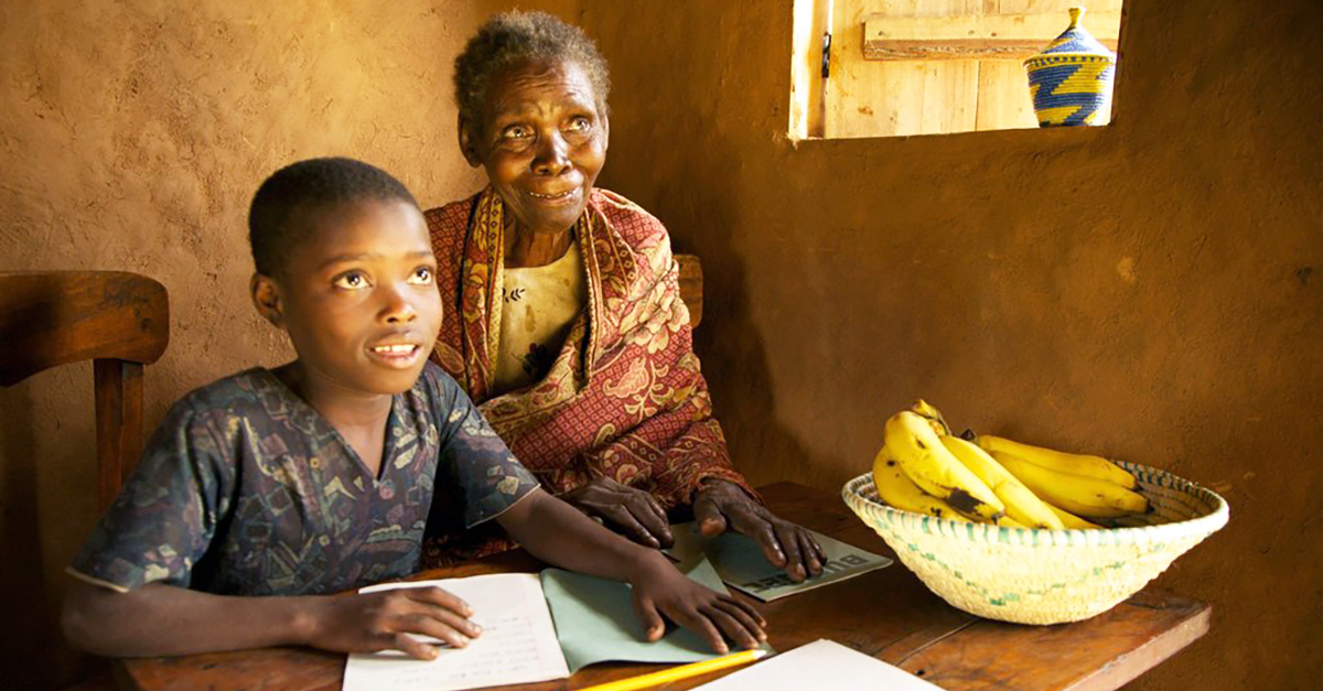 A grandmother and grandson study together.
