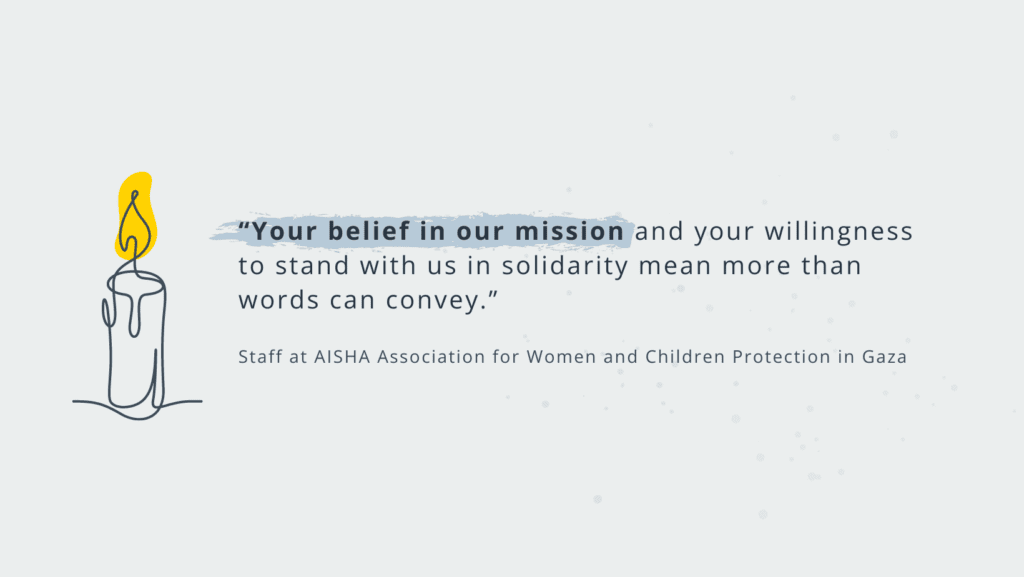 A quote from AISHA staff on their work to help get medicine to cancer patients in Gaza.