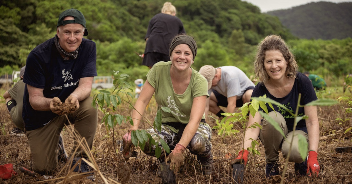 Three people planting