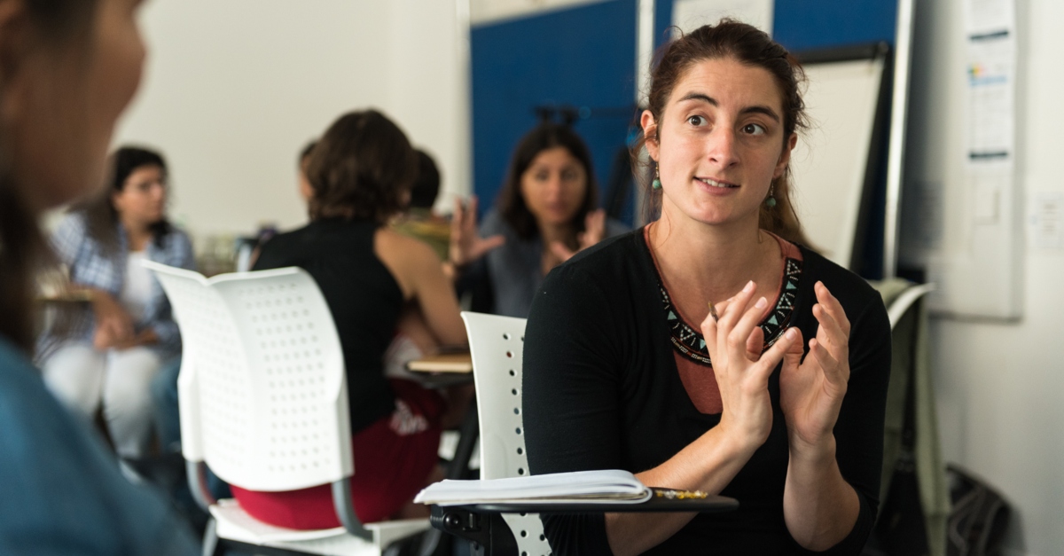 A conversation at a workshop.