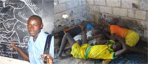 Arouna in school, and where he sleeps in his daara