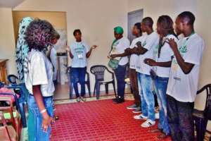 Volunteers organize for the day's activities