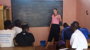 Teaching English to a class of older talibes