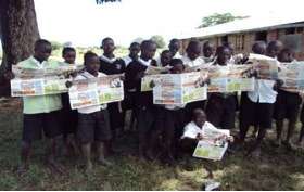 Pupils posing with copies of Young Talk