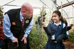 Chef Tim talks w/ a student (photo by Chris Volpe)