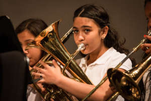 A tuba player concentrates on her music making!