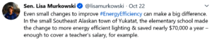 Tweet Senator Murkowski sent during my testimony.