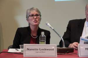 Nanette Lockwood answers questions at the briefing
