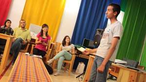 Sawan practices his speech at the Google workshop