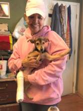 Peaches was hit by a car. Broken leg.