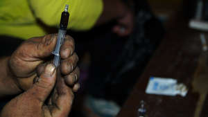 Heroin prepared for injection in a slum. Belgrade