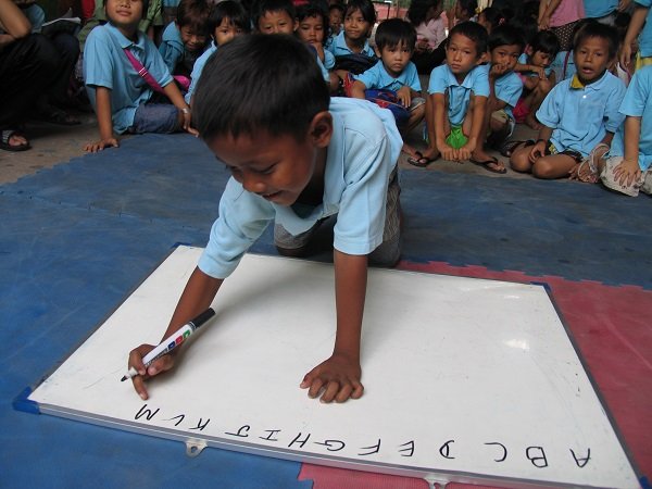 Alphabet time (sporting the donated 'uniforms')