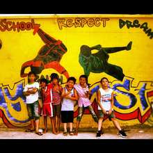 Kids outside Tiny Toones center