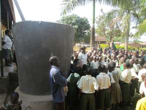 Pupils gather around the tank during launching