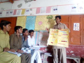 Teacher Misree Lal teaching from the chart