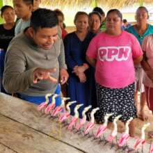 Edson reviewing woven roseate spoonbill ornaments