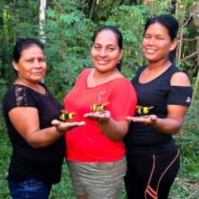 Three women artisans with their bumble bees