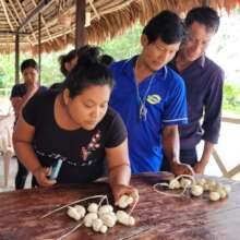 Artisans comparing chambira bodies for bluebirds
