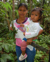 Maria with daughter and chambira palm seedling