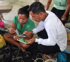 Pablo showing Berta photo to make bird ornament