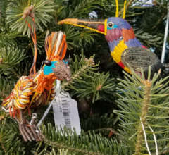 Hoatzin and aracari ornaments at Tait tree farm
