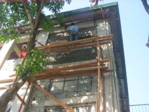 Scaffolding is back up at the Evacuation Center