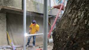 A brace being welded into position