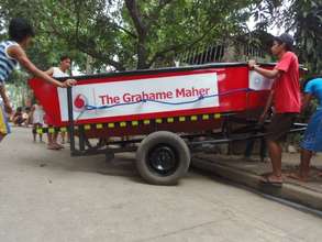 A large rescue boat with its sponsor's logo