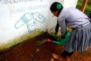 Sushila watering the plants.