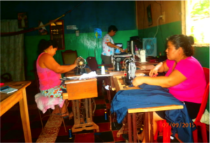 Using pedal sewing machines(front)&ironing(back)