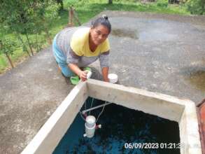 Tita adding chlorine tablets to the Chlorinator