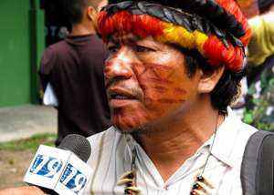 Quechua leader speaking truth the the press