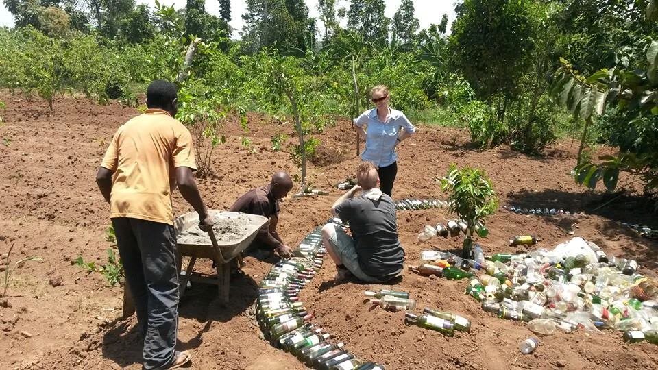 building the raised bed from recycled bottles
