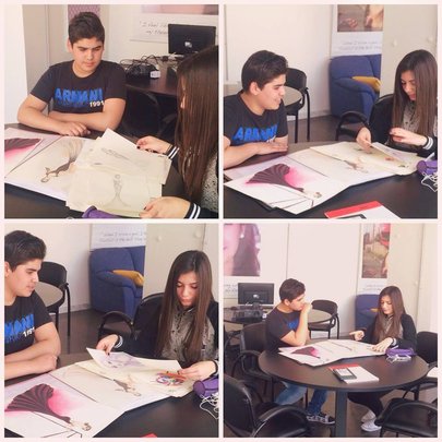 Nadeen instructing Khaldoun in fashion design