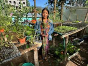 Collecting seedlings before planting her garden