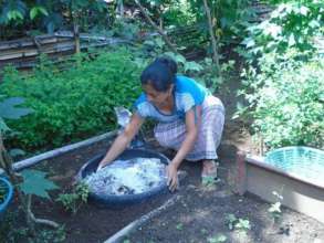 Enriching her garden with compost mixed with ashes