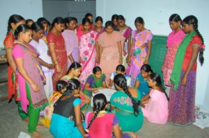 Adolescents are practicing Maggam work on cloth