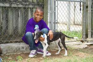 Devon playing with a puppy during kids camp