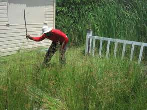 Community volunteer cleaning yard