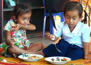 Rice and a vegetable soup make a nutritious meal